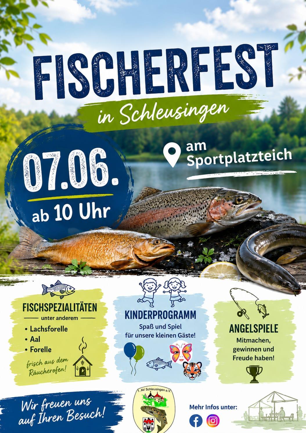 Flyer zum Fischerfest in Schleusingen am 07.06. ab 10 Uhr am Sportplatzteich